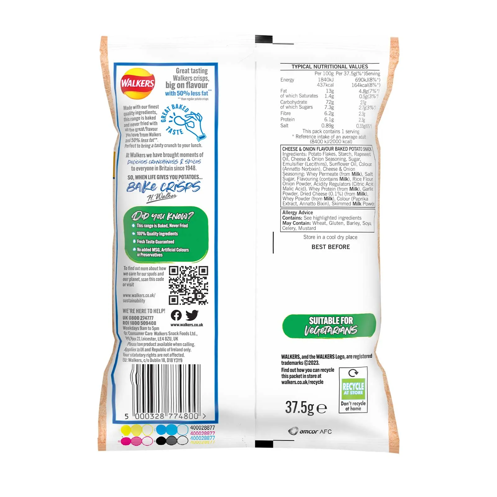 Walkers Baked Crisps Cheese & Onion Snack Sharing Lunch 32 x 37.5g Best Before Date